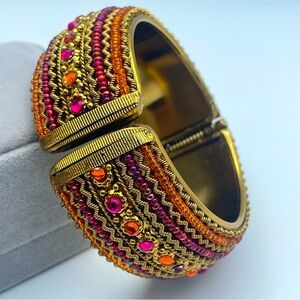 Stunning Vintage Wide Gold-Tone Beaded Bangle with Orange & Pink Accents